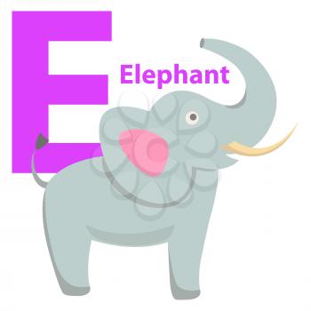 Children alphabet icon cartoon elephant letter E isolated on white. Large land mammal with long proboscis and sharp tusks. Vector illustration of funny ABC for kids with natural beast web banner.