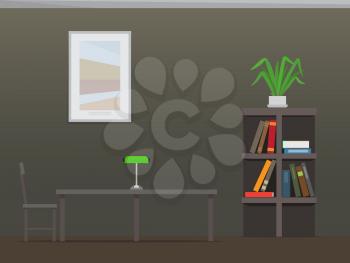 Library interior with bookshelves. Room with bookcase filled with colorful textbooks, chair, table with lamp, and picture on wall flat vector. College library illustration for educational concept