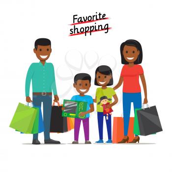Favorite shopping conceptual banner. African family father, mother daughter and son stands and holds a lot of bags and boxes on white background. Cartoon family on shopping vector illustration.