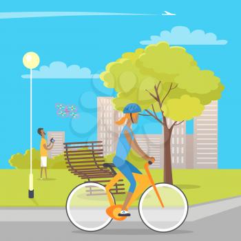 Young girl in helmet riding bicycle on grey path and male person on green gras playing with flying quadrocopter. Vector illustration of people spending time in park with street lamp, wooden bench