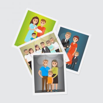 Happy family portraits set. Smiling father and mother with children and newlyweds with parents-in-law standing together flat vector illustrations. Memorable moments of family history concept