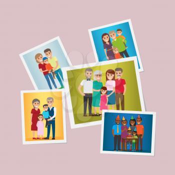 Happy family pinned portraits set. Smiling parents and grandparents with children and celebrating kids birthday with friends flat vector illustrations. Memorable moments of family history concept