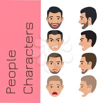 People character generator. Mans heads with various emotions on face from full-face and profile view collection flat vector illustrations isolated on white. Human positive and negative emotions set
