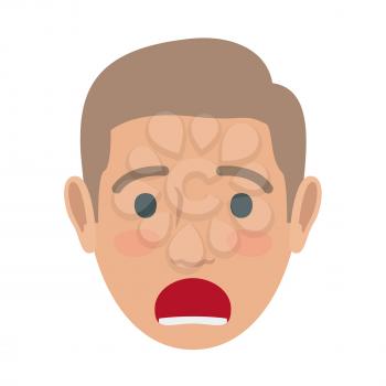 Surprised brown-haired man face icon. Male head in full face view with open mouth and raised eyebrows flat vector isolated on white background. Human emotions illustration for people infographics