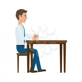Businessman working with documents. Man in shit and tie seating at the table and writing with pen flat vector isolated on white background. Signing of the contract illustration for business concept
