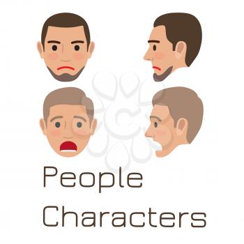 Man emotive faces collection. Male characters heads with emotions from full-face and profile view flat vector illustrations isolated on white background. Human positive and negative emotions set