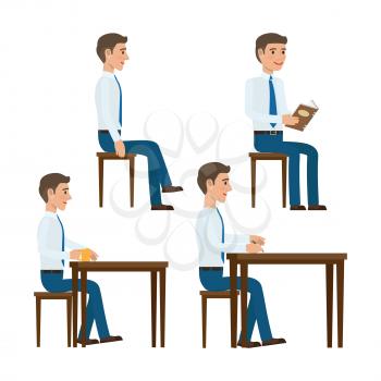 Men in shirt and tie seating on chair at the table with book, cup of coffee and pen in hand flat vector illustrations isolated on white background. Office clerks templates set for business concepts