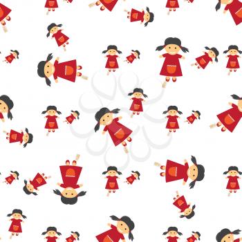 Seamless textile full of dolls with price tags on legs. Vector endless paper of puppets with two dark pigtails, wearing red dresses with pockets on white background. Wrapping pattern for decorations