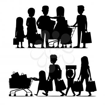 Family making holiday purchases silhouettes set. Parents with kids walking and standing with bought goods in trolley and bags isolated vector. Customers illustration for shopping and sale concept