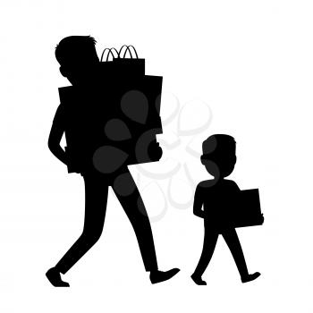 Father and Son silhouettes carrying purchases. Commercial shopping process icon with white background. Vector illustration of walking man and boy holding paper bags with handles and gift boxes