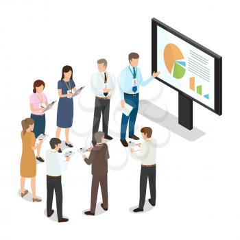 Managers with folders standing in circle and writing notes on paper. Managing director near monitor with schedule speak reports. Vector illustration in flat cartoon style. Business coaching concept