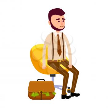 Young hipster sitting on yellow chair on wheels isolated on white. Brown suitcase full of green money lying near comfortable armchair. Vector illustration in cartoon style flat design for web.