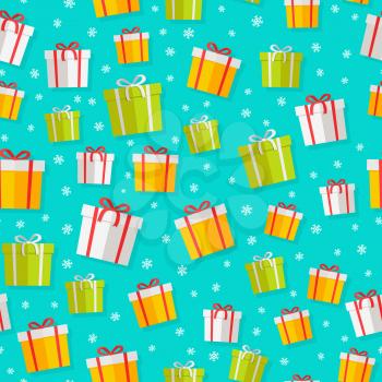 Seamless pattern with cartoon giftboxes. Wrapped boxes with stripes and bows flat vector on color background with snowflakes for gift wrapping paper, christmas greeting card, invitations