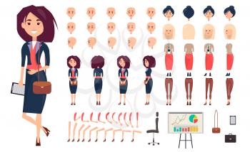 Businesswoman constructor vector illustration. Set includes women faces, legs and arms, stylish haircuts, elegant suit and shoes, casual trousers, accessories, office chair, chart board and character.