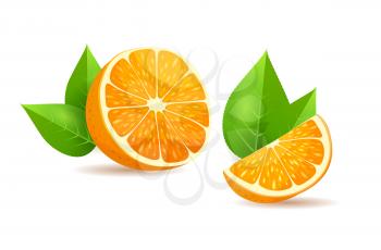 Half of orange and slice with leaves and shades on white background. Fresh fruit that contains vitamin C. Healthy organic nutrition. Cartoon vegetarian food icon. Juicy fruit vector illustration.