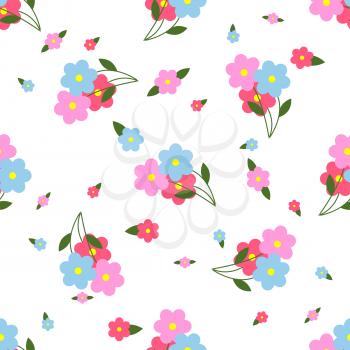 Seamless pattern with colorful flowers and green leaves in flat style on white background. Garden plants wallpaper design. Vector illustration for infographic, website or app. Spring bouquet