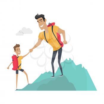 Daddy and son go camping. Sport activities in the mountains. Role model, greatest mentor. Part of series of fathers day celebration banners. Honoring dads. Fatherhood concept, paternal bonds. Vector