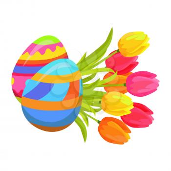 Beautifully colored eggs and festive tulips isolated on white. Yellow, orange and pink flowers with green leaves. Two painted balls decorated with multi-colored paints. Vector illustration easter icon