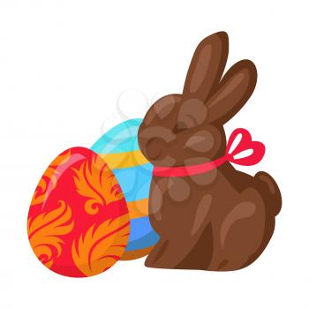 Sweet chocolate bunny and two multicolored eggs on white background. Brown sugary rabbit with pink ribbon on neck. Painted balls with tracery. Vector illustration of easter cartoon style drawn icon.