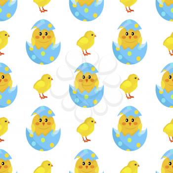 Colorful fluffy spring yellow chicken and newborn chick hatched from shell isolated on white background. Mascots of Easter celebration, symbols of new life vector illustration. Friendly feast animals