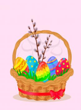 Paschal wattled basket. Wicker basket coiled red ribbon with pussy willow brunch and bright painted easter eggs on green grass vector. Easter festive concept for holiday greeting cards design