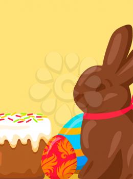 Easter festive concept with traditional holiday meals. Paschal kulich cowered glaze, bright painted eggs and chocolate bunny vector on color background. Easter sweets illustration for greeting cards