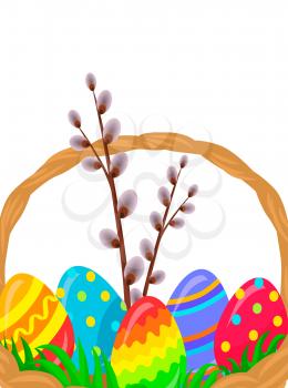 Paschal wattled basket fragment. Wicker basket with pussy willow brunch and bright painted easter eggs on green grass vector. Easter festive concept for holiday greeting cards design