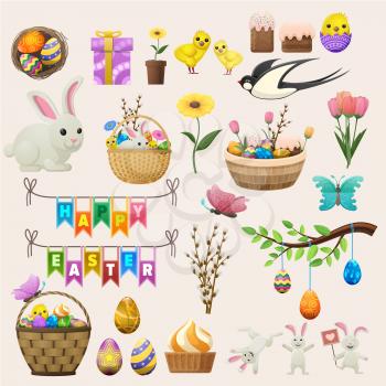 Happy Easter concept colourful collection of labels on light pink background. Collection of white rabbits, yellow chickens, flying swallows and butterflies, baskets with easter eggs and cakes