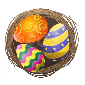 Colored eggs with wavy, curly and stars patterns in bird nest isolated on white background. Traditional symbols of Easter vector illustration. Spring religious holiday bright edible attributes.