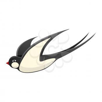 Spring cartoon black and white swallow with red beak in motion isolated on white background. Bird spread wings and fly vector illustration. Symbol of beginning of spring and warm sunny weather.
