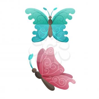 Colorful butterflies in pink and blue colors with ornamental wings isolated on white background. Easter holiday decorative flying insects, vector illustration in flat style cartoon design
