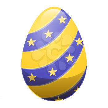 Easter egg isolated on white background. Holiday mascot oval shape, blue and yellow striped egg with ornamental lines and stars. Vector illustration of chocolate sweet candy gift in cartoon style