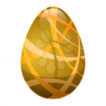 Easter egg isolated on white background. Holiday mascot oval shape, golden egg with ornamental lines and stripes of gold color. Vector illustration of chocolate sweet candy gift in cartoon style