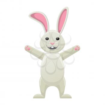 Smiling white bunny with wide stretched paws isolated on white. Easter symbol with pink long ears, open mouth and two teeth ready to hug you. Vector illustration of lovely spring mascot cartoon style