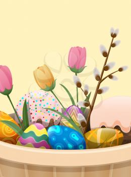 Set of easter cake, painted eggs, spring flowers and branch of willow in beige basket isolated on white. Festive goody with whitey glaze and various drops. Vector illustration flat design web banner.