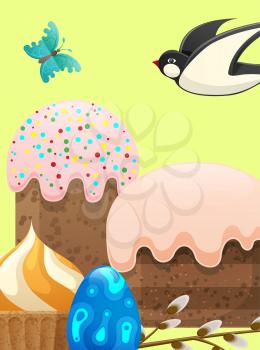 Easter composition in pastel colors vector illustration. Easter cakes with creamy top and sprinkles, painted egg, willow twig, blue butterfly and swallow with spread wings on yellow background.