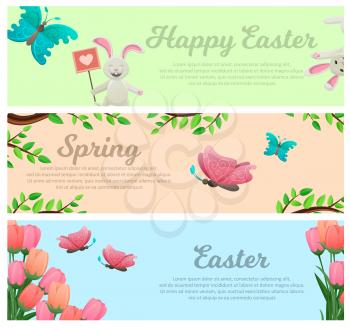 Spring and happy easter web banners set. Funny smiling bunny, flying butterflies and bright tulips vector illustrations. Horizontal concepts with springtime and easter symbols for landing page design