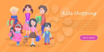 Kids shopping banner. Teenagers make purchases with cartoon flat vector illustration. Kid make purchases on sale andbuying gifts on holiday