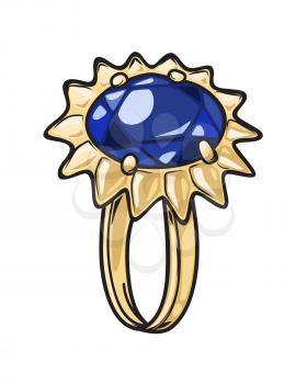 Luxurious gold ring with natural blue stone isolated on background. Gorgeous accessory in form of flower. Expensive women jewelry vector illustration. Vintage ring for elegant outfit.