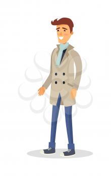 Man in beige coat, light blue scarf, jeans and scarf with smile on face isolated on white. Vector portrait of happy standing male person in warm clothes. Hand drawn cartoon icon with joyful character