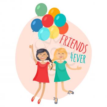 Happy girls with colorful balloons friends forever. Dark-haired girl in red dress and blonde girl in blue dress having fun, smiling and holding air balls. Female friendship vector illustration.