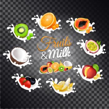 Fruits and milk vectors set. Sliced in half and diced ripe tropical plants on milk splashes illustrations on transparent background. Juicy fruits, berry and nut collection for healthy food concepts