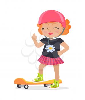 Girl in pink helmet and skirt standing on orange skateboard. Red curly hair. Black t-shirt with chamomile. Green shoes. Cartoon design. Illustration of happy female skateboarder. Flat design. Vector