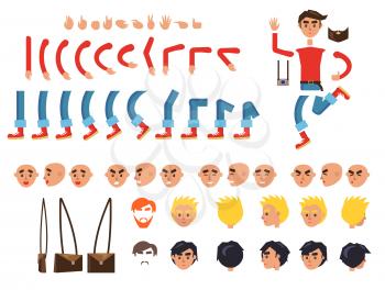 Male person character colorful constructor on white. Vector banner of human bent legs and arms, emotion types on faces, finger signs, colored hairstyles and brown bag. Build your own design set