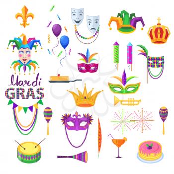 Mardi Gras festival vector collection on white. Carnival set of bright icons and design element in flat style. Masks with feathers, comedy and tragedy, glass with cocktail. Clip art party decorations.