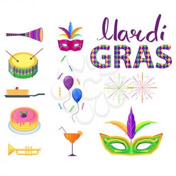 Mardi Gras poster with colorful carnival symbols. Vector illustration of mask with feather and salute above, small signs of violet and blue balloons, golden pipe, fruit cake, pile of pancakes