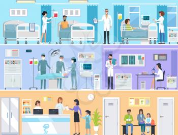 Horizontal set of medical services with doctors and patients in hospital. Vector illustration of reception, laboratory with radiographs and microscope, operating room and hospital for in-patients.
