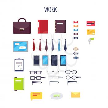 Work equipment vector illustration. Leather briefcase, colorful notebooks, modern devices, set of ties and bowties, arm watches, elegant spectacles, payment cards, office keys and chat icons.