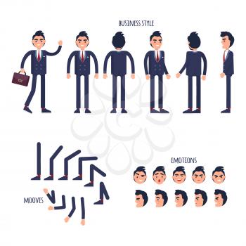 Set of business style, face emotions, moves of limbs flat design isolated on white with text. Vector illustration of man in blue business suit, facial feeling, bent elbows, straight knees for web.