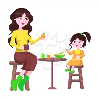 Young mother sits on chair drinks coffee and offers orange to her daughter and her little toddler eats porridge. Cute cartoon family motherhood concept. Vector illustration for Mother Day.